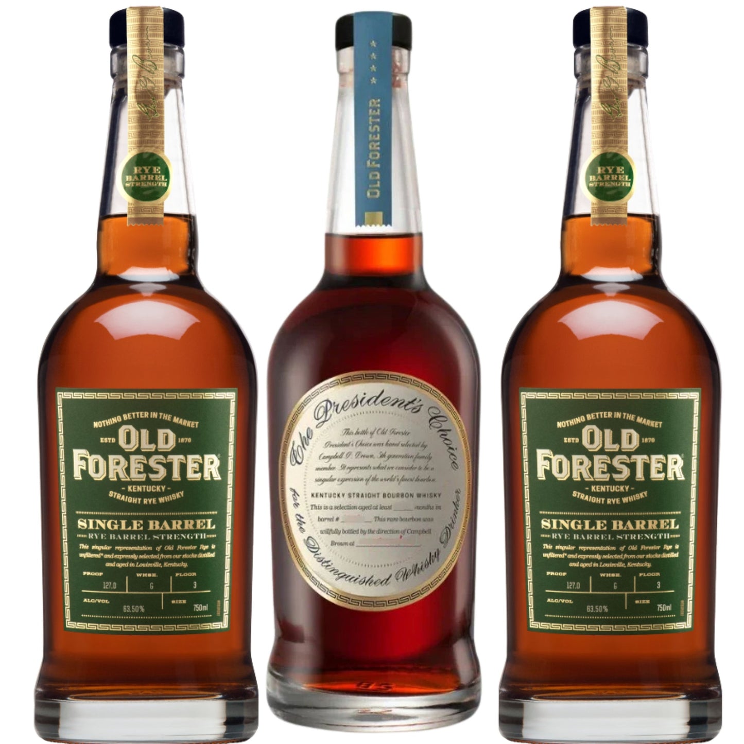 Old Forester Bourbon The Presidents Choice + 2 Old Forester Whiskey Rye Barrel Strength 750ML
