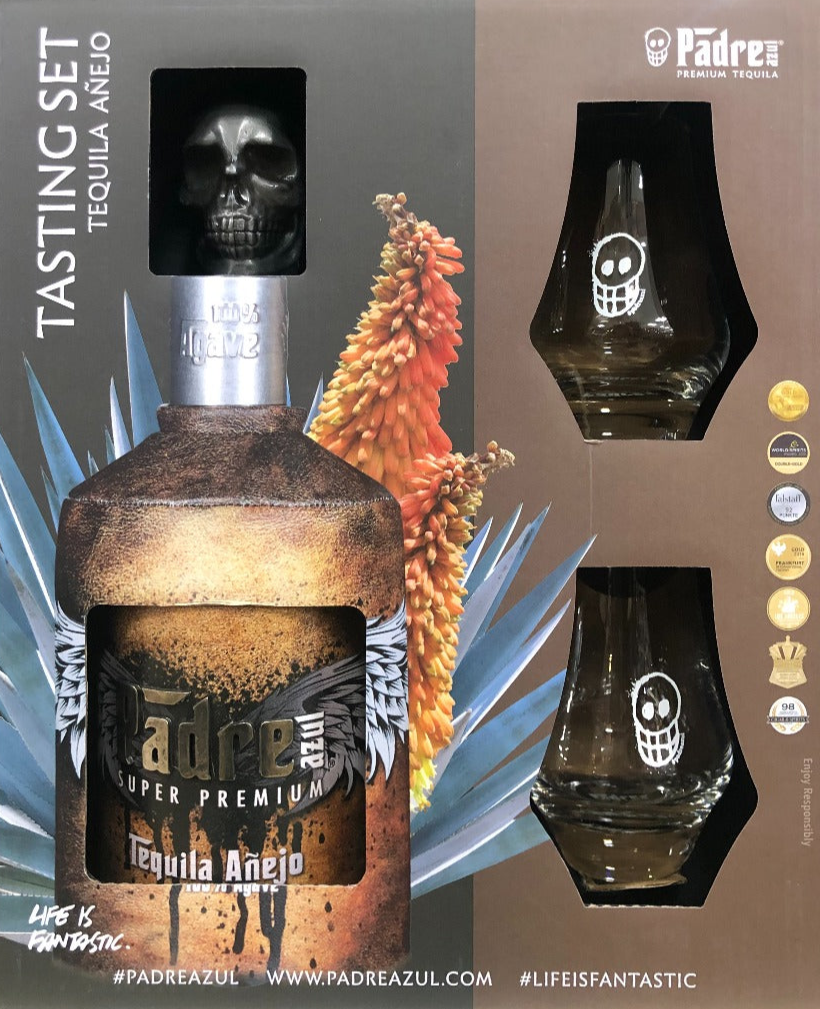 PADRE AZUL TEQUILA ANEJO SUPER PREMIUM GIFT PACK W/ 2 GLASSES 750ML Spirits
