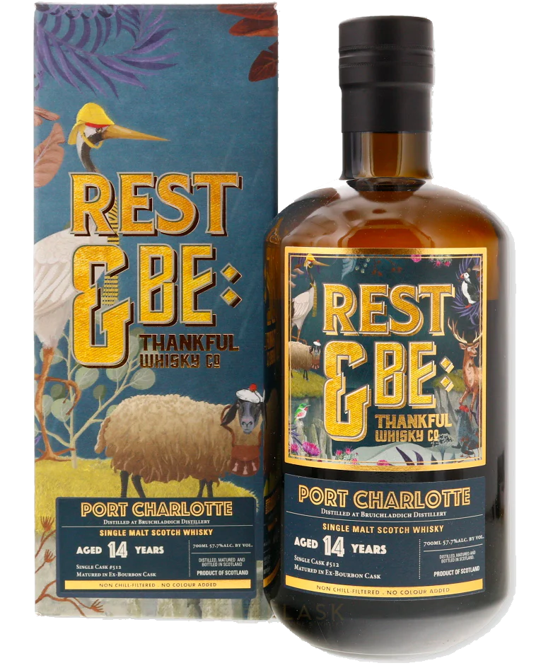 REST & BE THANKFUL SCOTCH SINGLE MALT SINGLE CASK DISTILLED AT BRUICHLADDICH PORT CHARLOTTE 14YR 700ML LIQ