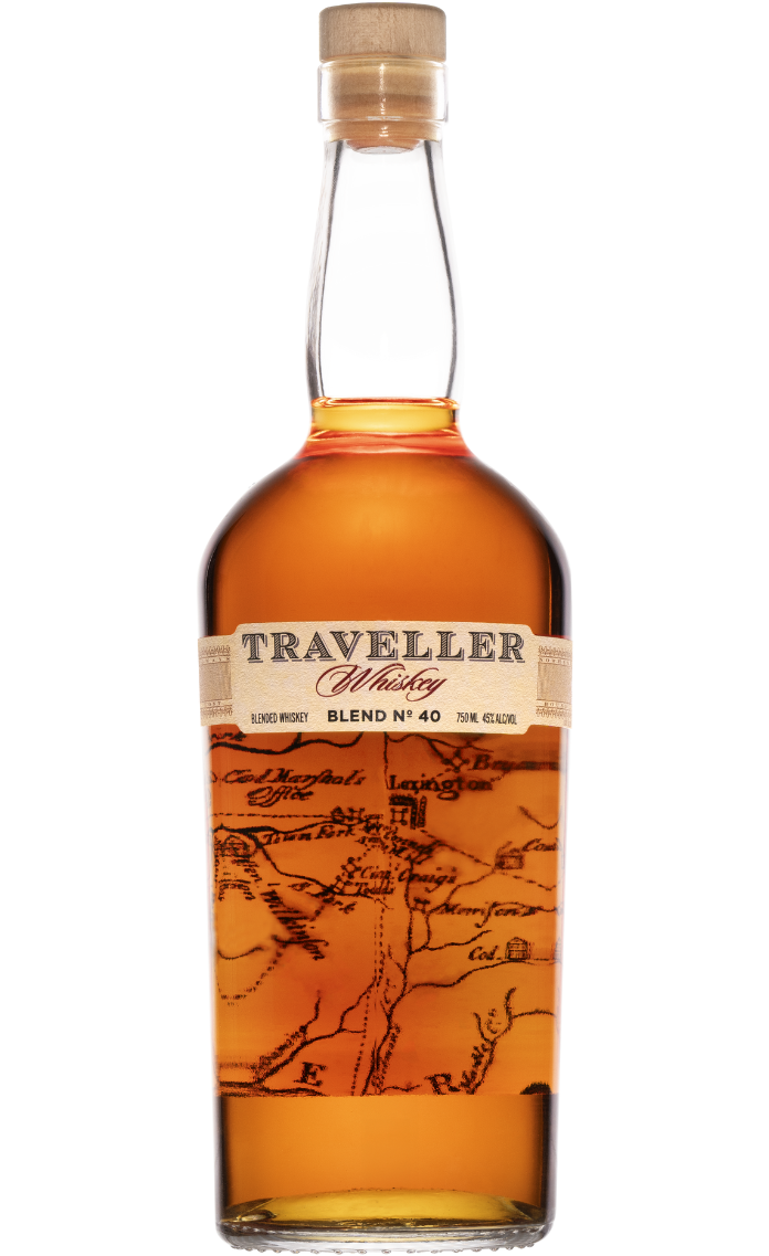 750ml bottle of Buffalo Trace Traveller Whiskey Blend No. 40, featuring a deep amber whiskey encased in a classic bottle with a distinctive label noting its origin in Kentucky and blend number.