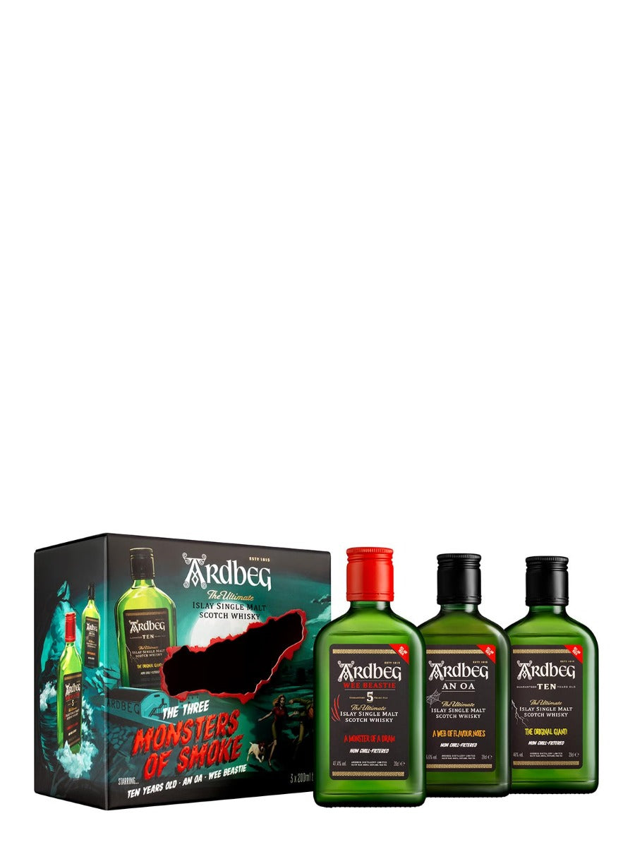 ardbeg the three monsters of smoke ARDBEG SCOTCH SINGLE MALT THE THREE MONSTERS OF SMOKE 3X200ML – Liquor Near Me