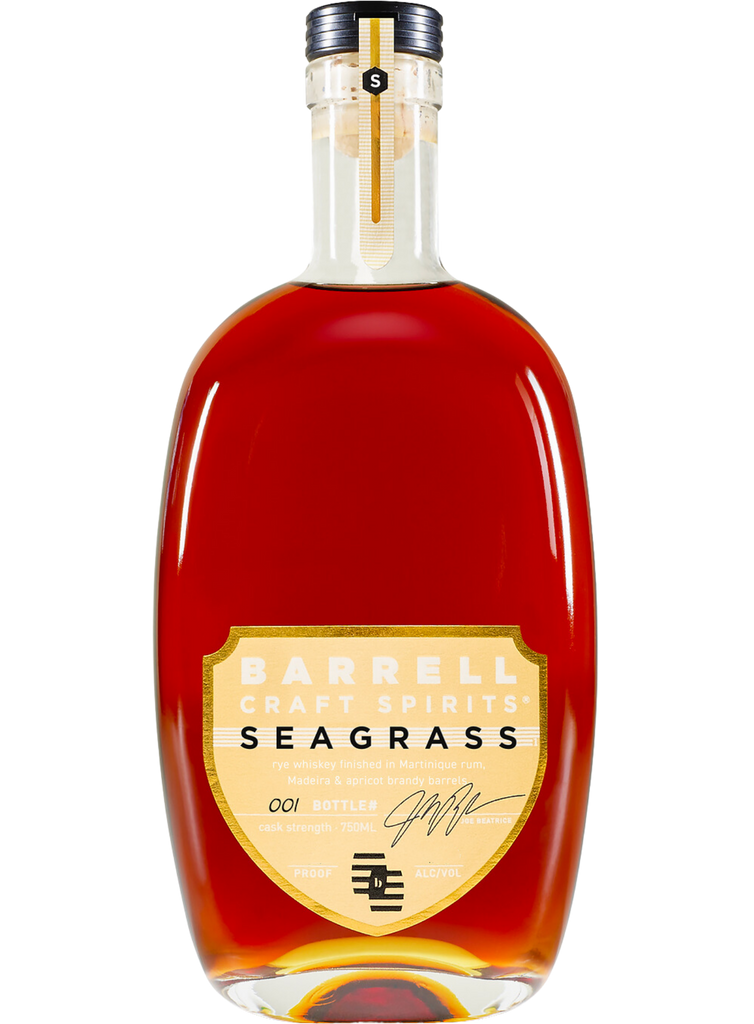 Bottle of Barrell Craft Spirits Seagrass Whiskey Rye Cask Strength Gold Label Kentucky 20yr 750ml, featuring an elegant design, representing premium rye whiskey with tropical and spice notes.