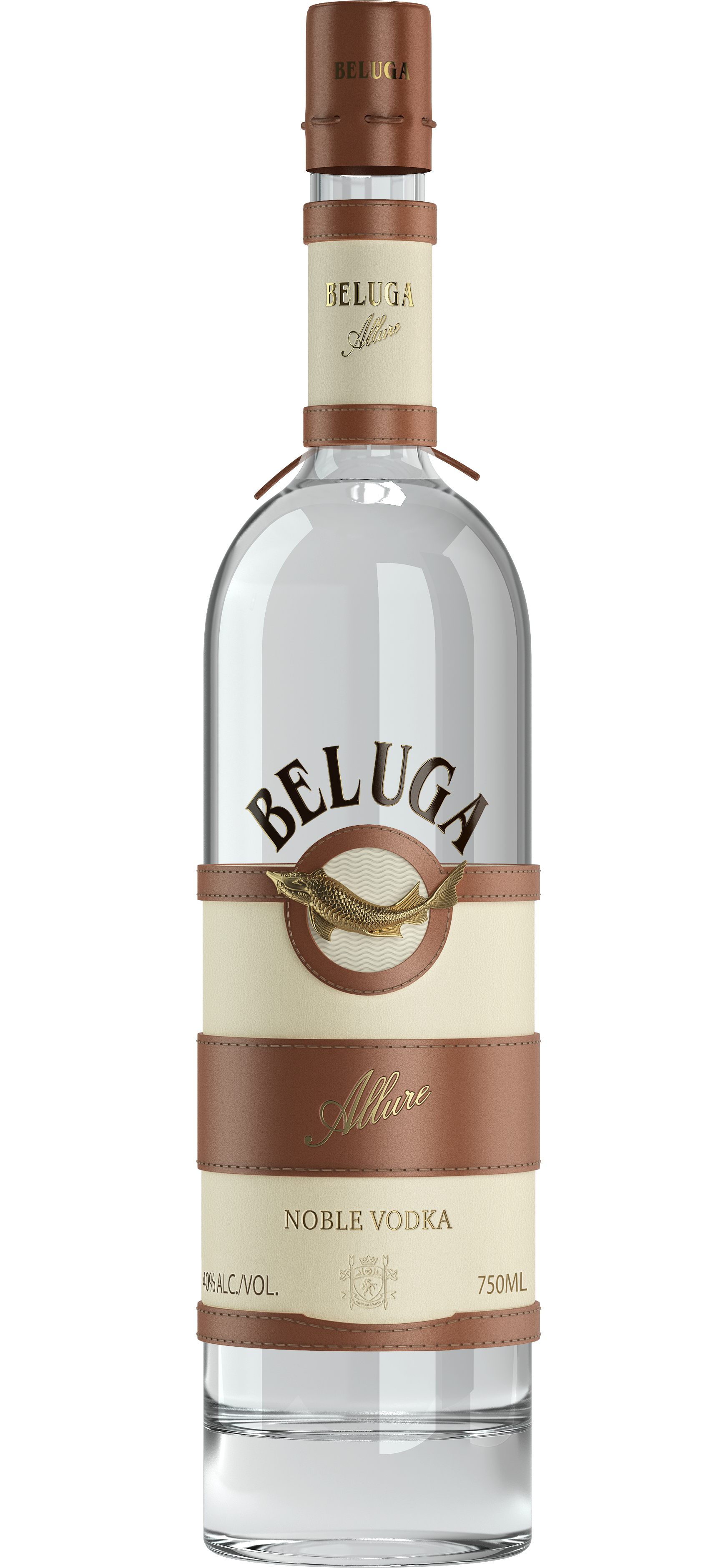 Beluga Allure Vodka 750ml bottle, featuring its elegant and sophisticated design with a clear, smooth appearance, prominently displaying the Beluga logo against a refined, minimalist backdrop.