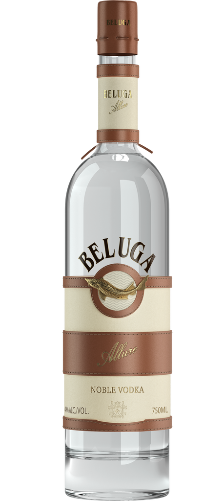 Beluga Allure Vodka 750ml bottle, featuring its elegant and sophisticated design with a clear, smooth appearance, prominently displaying the Beluga logo against a refined, minimalist backdrop.