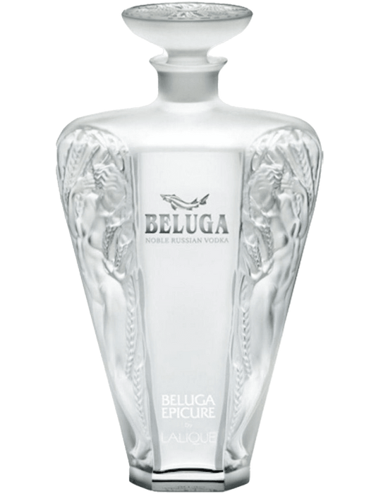 Beluga Vodka Epicure 750ml bottle, showcasing its sleek and luxurious design with silver accents and the iconic Beluga fish emblem, set against a sophisticated, dark backdrop to highlight its premium Russian origin.