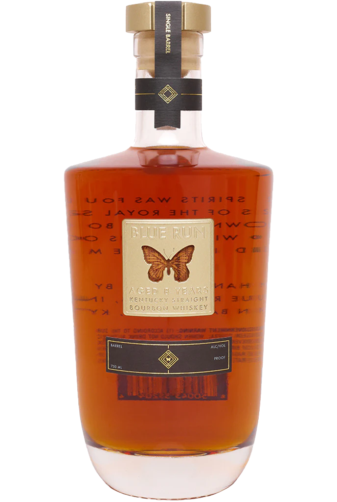 Blue Run Bourbon Straight Pomp and Circumstance Kentucky 8yr 750ml, showcasing an elegantly designed bottle with gold and blue accents, filled with rich amber-colored bourbon.