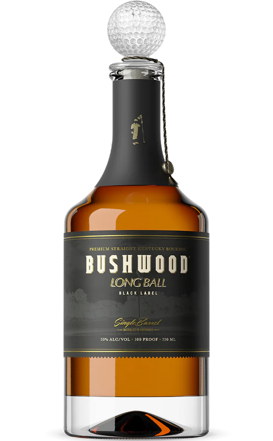 Bushwood Bourbon Premium Straight Long Ball Single Barrel Kentucky 750ml bottle, featuring a rich amber hue and sophisticated label, ideal for bourbon aficionados and collectors.