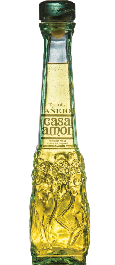 Casa Amor Tequila Añejo 750ml, featuring a sleek, clear bottle with elegant labeling, filled with deep amber-colored tequila, symbolizing its premium aging process.