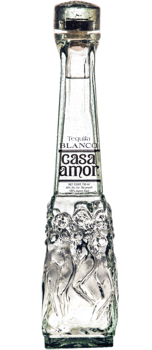 Casa Amor Tequila Blanco 750ml, displaying a clear bottle with minimalist white and silver labeling, showcasing the crystal-clear tequila inside.