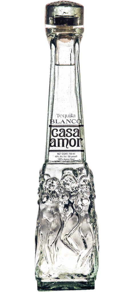 Casa Amor Tequila Blanco 750ml, displaying a clear bottle with minimalist white and silver labeling, showcasing the crystal-clear tequila inside.