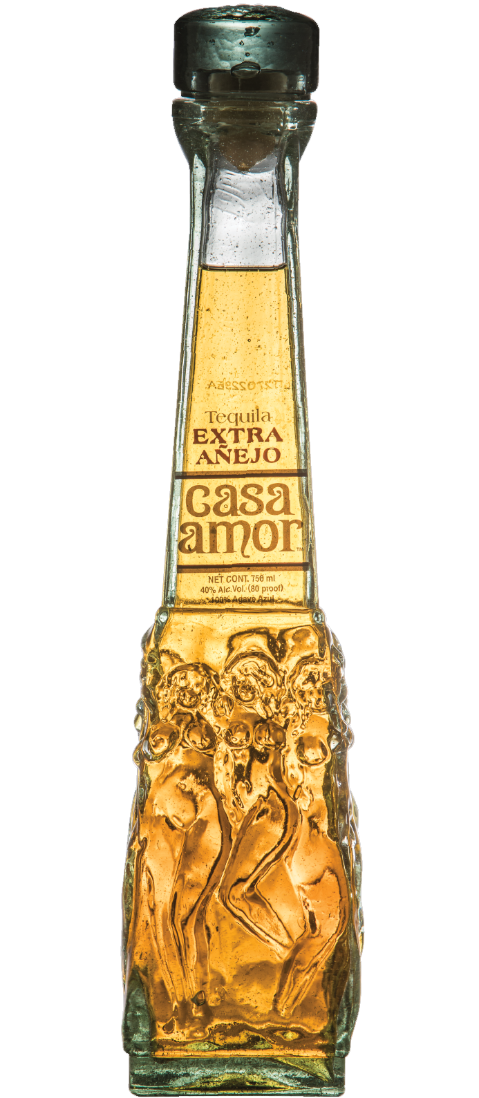 Casa Amor Tequila Extra Añejo 750ml, showcasing an elegant dark bottle with intricate gold embossing, filled with deep amber tequila, reflecting its premium aged quality.