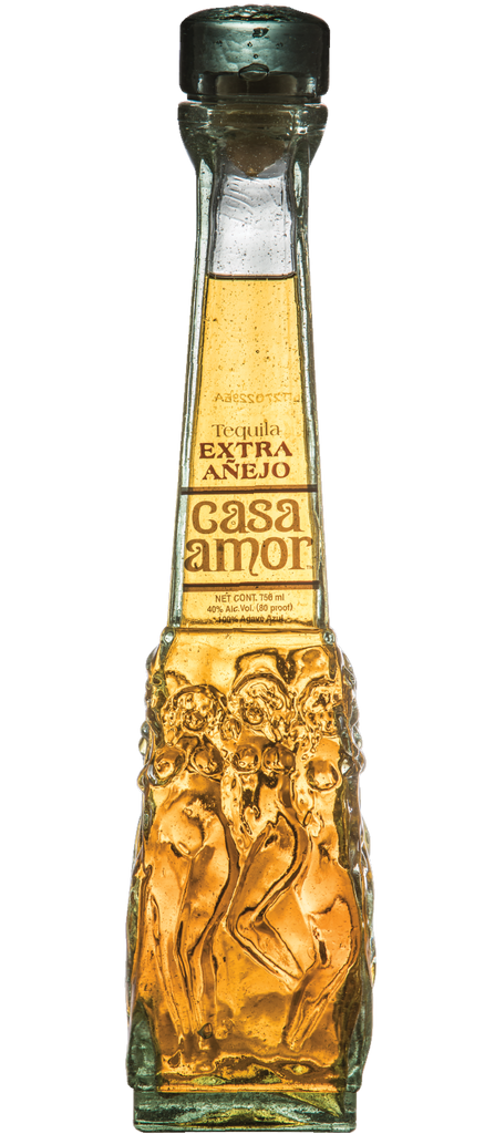 Casa Amor Tequila Extra Añejo 750ml, showcasing an elegant dark bottle with intricate gold embossing, filled with deep amber tequila, reflecting its premium aged quality.