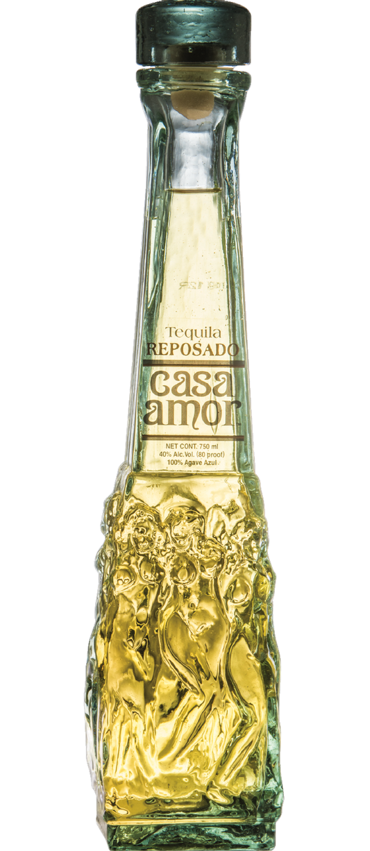 Casa Amor Tequila Reposado 750ml, featuring a bottle with elegant gold and white labels, filled with golden amber tequila aged in oak barrels.