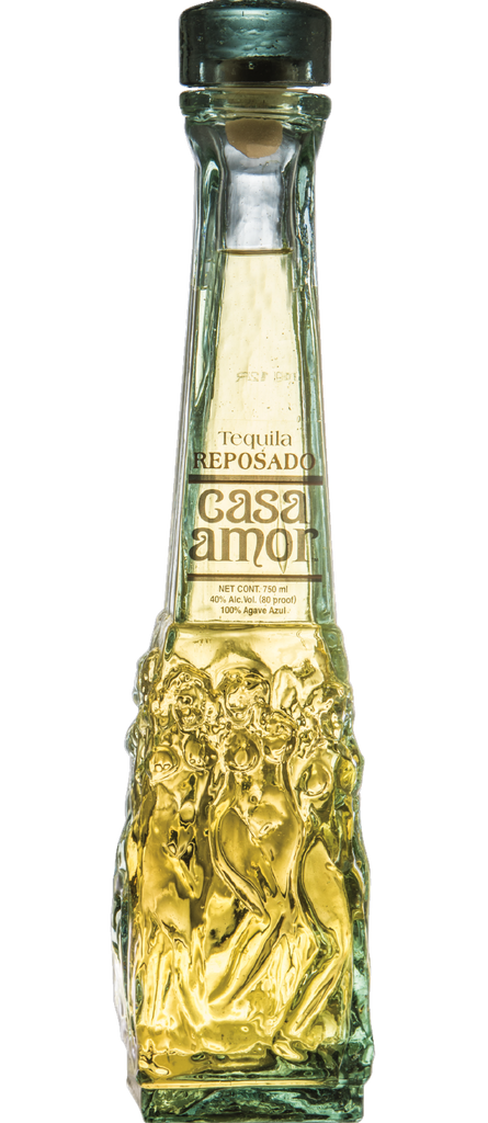 Casa Amor Tequila Reposado 750ml, featuring a bottle with elegant gold and white labels, filled with golden amber tequila aged in oak barrels.