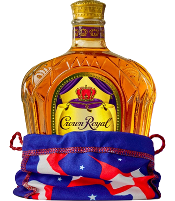 Crown Royal Canadian Whiskey 750ml displayed with a unique camouflage bag, symbolizing outdoor adventure. The bottle is elegantly shaped with Crown Royal's distinctive labeling, nestled inside the rugged, patterned camo bag.