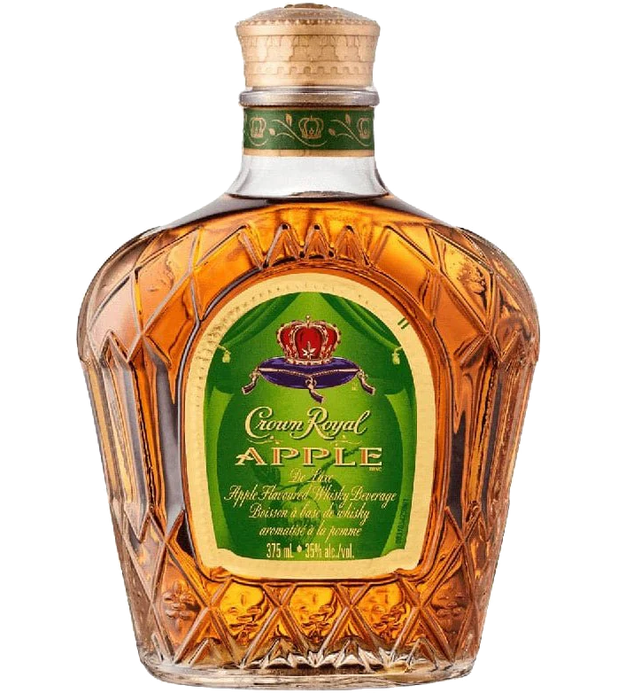 Crown Royal Apple Whiskey 375ml bottle, featuring a sleek design with a prominent green apple illustration and the classic Crown Royal logo, set against a backdrop that highlights its Canadian origin.