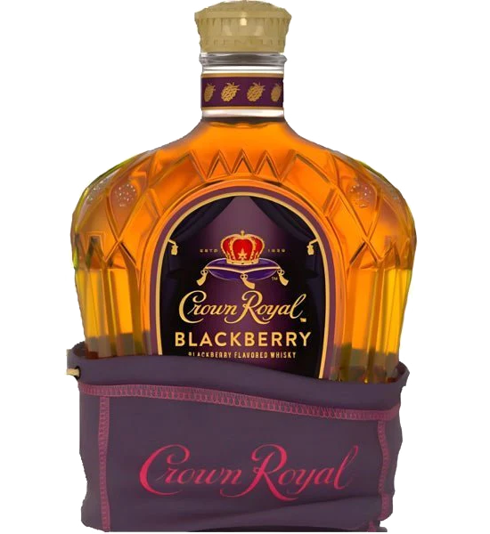 Crown Royal Whiskey Blackberry Limited Edition 750ml, featuring a distinctive purple label with the iconic Crown Royal logo, set against a backdrop of rich, dark blackberries.