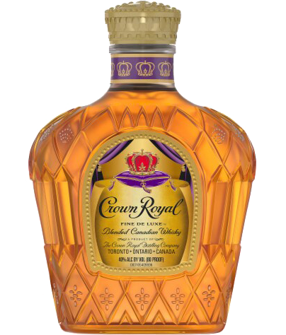 Crown Royal Blended Canadian Whiskey 375ml, showing the iconic purple and gold bag with a clear, labeled bottle filled with golden whiskey.