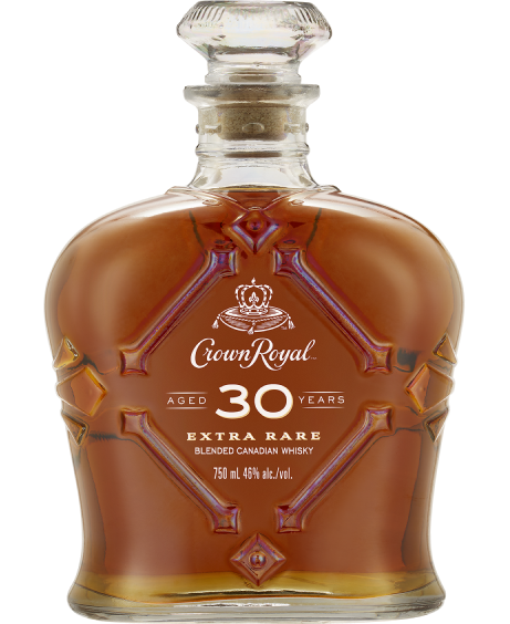 Crown Royal Canadian Whiskey 30yr 750ml, showcasing the elegant bottle with distinctive labeling and a deep amber whiskey, encased in a luxurious purple velvet bag.