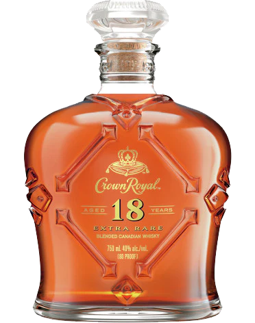 Crown Royal Whiskey Extra Rare Canada 18yr 750ml, displaying the luxurious bottle encased in a velvet bag, with golden and purple accents highlighting its aged, premium quality.