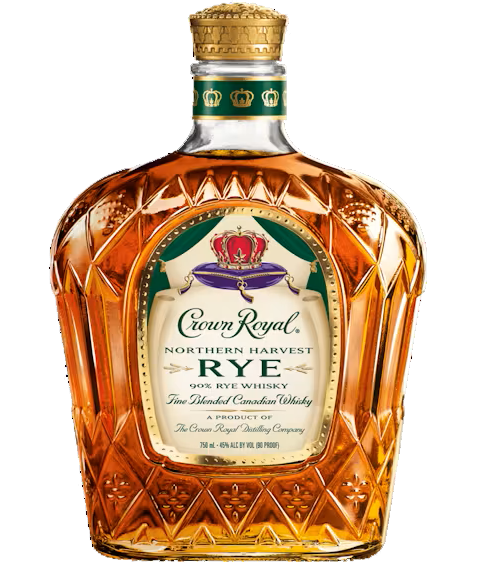 Crown Royal Northern Harvest Rye Whiskey 750ml bottle, elegantly displayed. The distinctive purple and gold label highlights its Canadian origin and rye content, set against a backdrop of soft, warm lighting to enhance the premium look