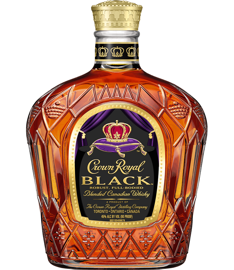 Crown Royal Whisky Blended Black 1.75L bottle, featuring a sleek, dark design with distinctive gold lettering. The bottle is set against a luxurious background, emphasizing the whisky's rich, bold flavors and its iconic status as a premium Canadian whisky.