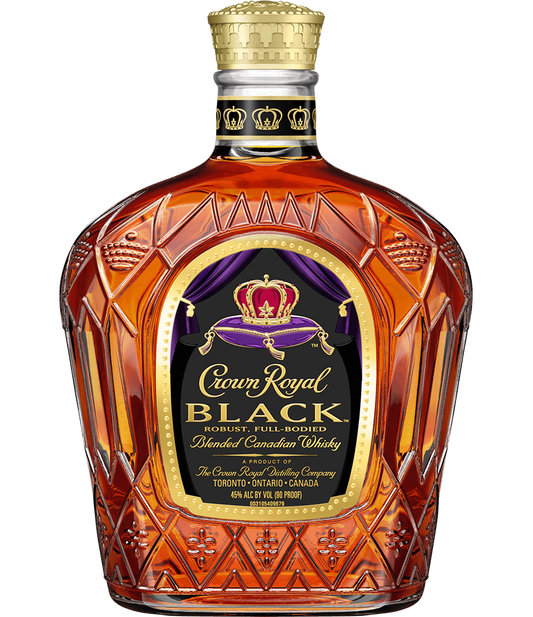 Crown Royal Whisky Blended Black 1.75L bottle, featuring a sleek, dark design with distinctive gold lettering. The bottle is set against a luxurious background, emphasizing the whisky's rich, bold flavors and its iconic status as a premium Canadian whisky.