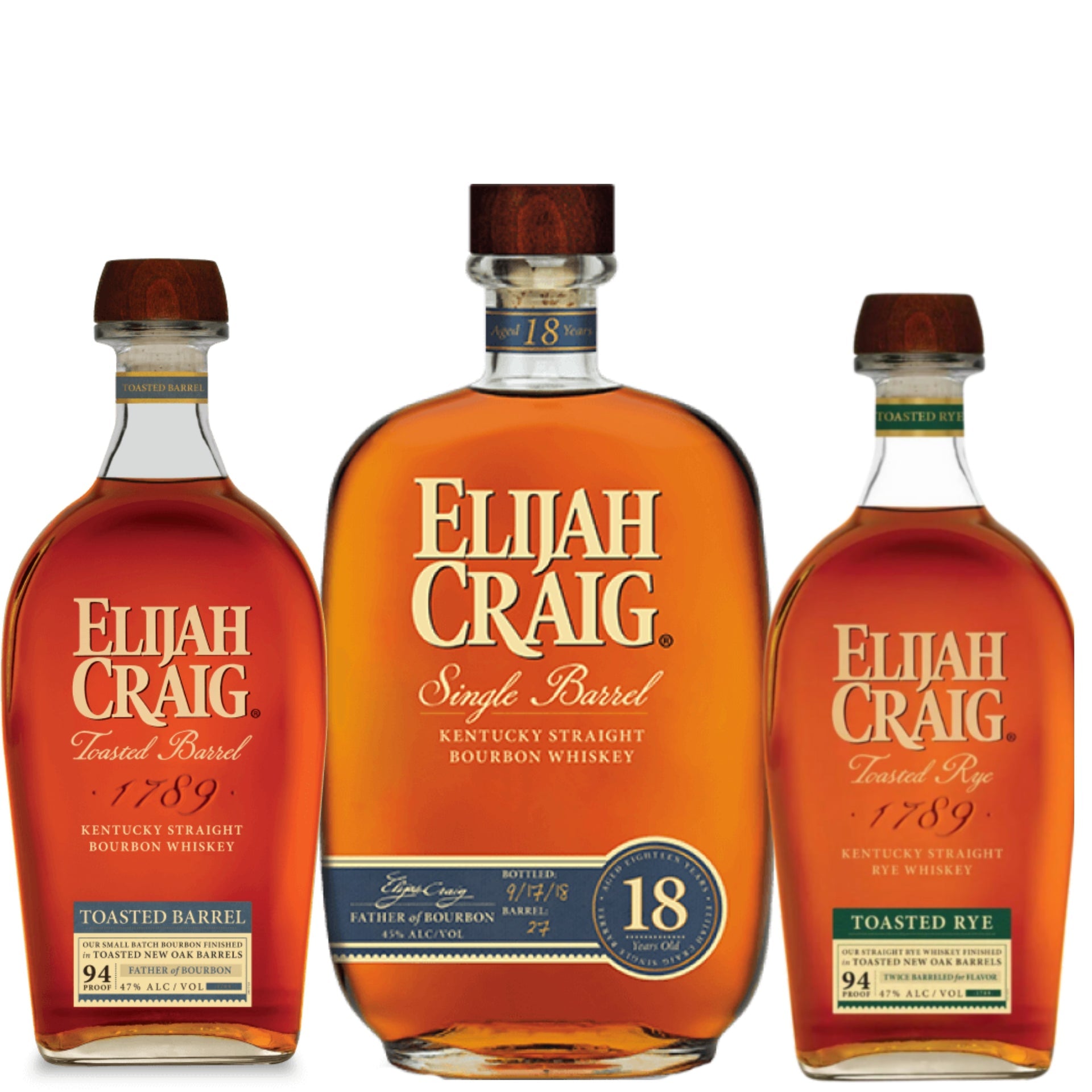 Elijah Craig Bourbon 18YR + Elijah Craig Bourbon Toasted + Elijah Craig Whiskey Rye Toasted