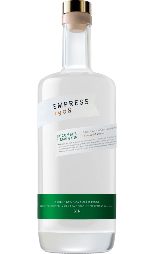 Bottle of Empress 1908 Gin Cucumber Lemon, 750ml, from Canada, with a striking indigo hue that changes to pink with citrus, highlighting its 85 proof strength and refreshing cucumber lemon infusion.