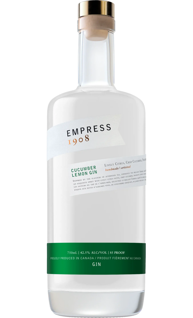 Bottle of Empress 1908 Gin Cucumber Lemon, 750ml, from Canada, with a striking indigo hue that changes to pink with citrus, highlighting its 85 proof strength and refreshing cucumber lemon infusion.