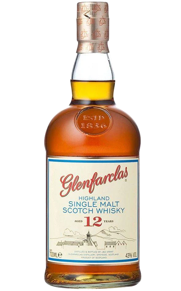 Glenfarclas 12-Year-Old Single Malt Highland Scotch bottle, 750ml. The bottle is elegantly shaped with a dark, textured label featuring the Glenfarclas crest, displayed against a backdrop of muted Highland scenery, emphasizing its premium quality and heritage