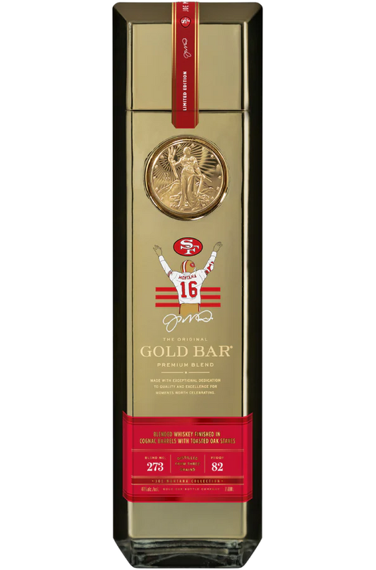 Gold Bar Whiskey SF Montana Edition Premium Barrel Finished in Cognac Barrel California 750ml bottle, featuring a luxurious gold bar-shaped design and elegant label.