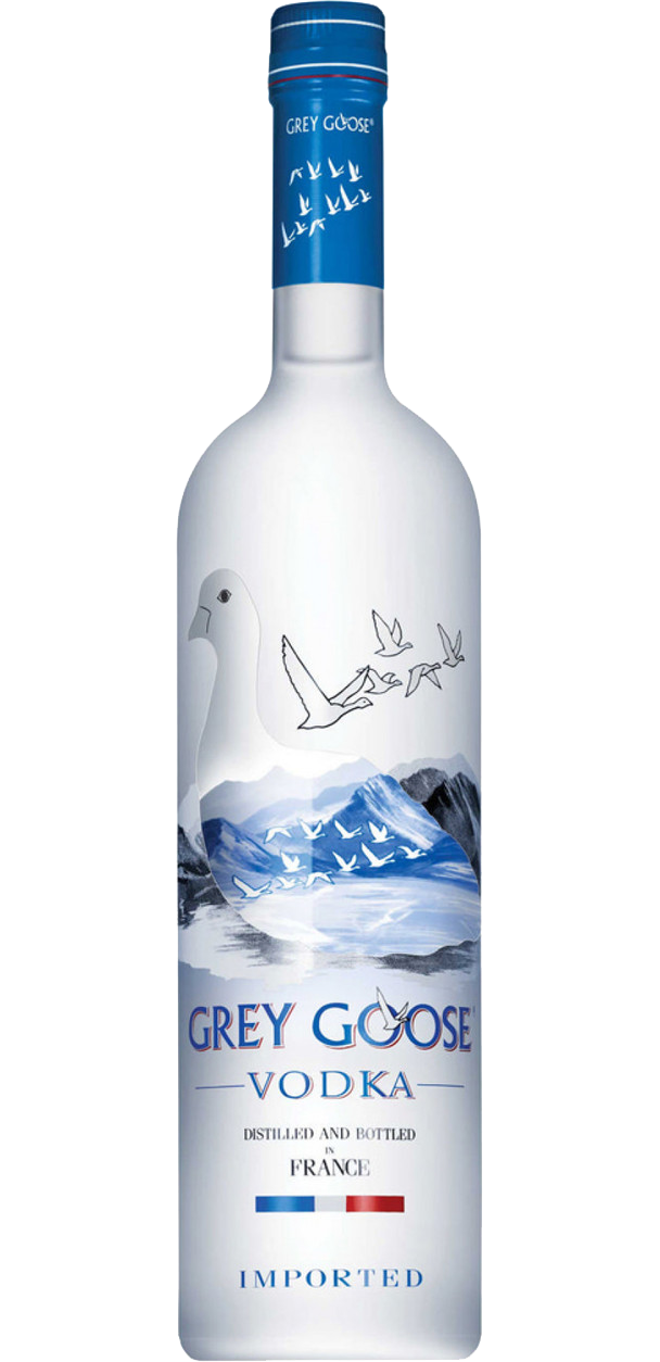 Grey Goose Vodka 375ml bottle from France, displayed on a sleek, reflective surface. The bottle is tall and slender with a frosted glass finish and features the distinctive Grey Goose logo in bold, emphasizing its premium quality and French origin