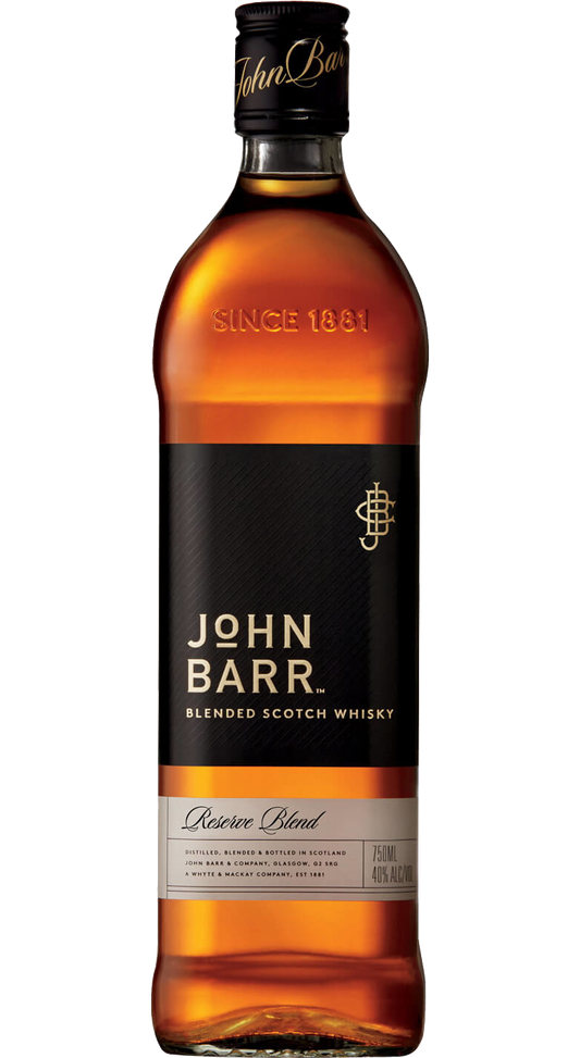 Image of JOHN BARR Blended Scotch Whisky 1.75L bottle. The large, elegant bottle features classic labeling with a distinct Scottish heritage design, showcasing its rich amber whisky color, ideal for whisky connoisseurs