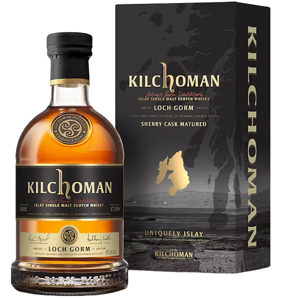 Kilchoman Loch Gorm Scotch Single Malt Sherry Cask Matured 2024 Edition 750ml bottle, featuring a rich amber color and elegant label design, highlighting its limited edition and sherry cask maturation.