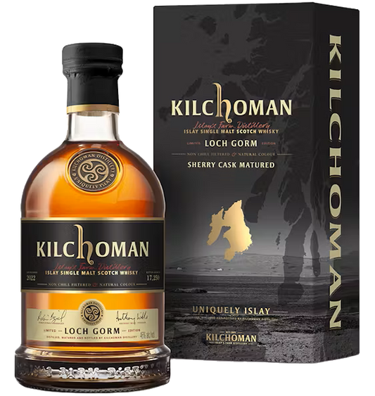 Kilchoman Loch Gorm Scotch Single Malt Sherry Cask Matured 2024 Edition 750ml bottle, featuring a rich amber color and elegant label design, highlighting its limited edition and sherry cask maturation.