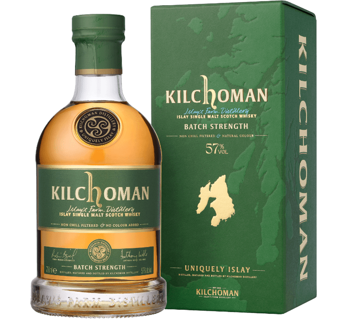 Kilchoman Scotch Single Malt Batch Strength 700ml bottle, showcasing robust Islay whisky with peaty notes, citrus undertones, and dark chocolate hints.