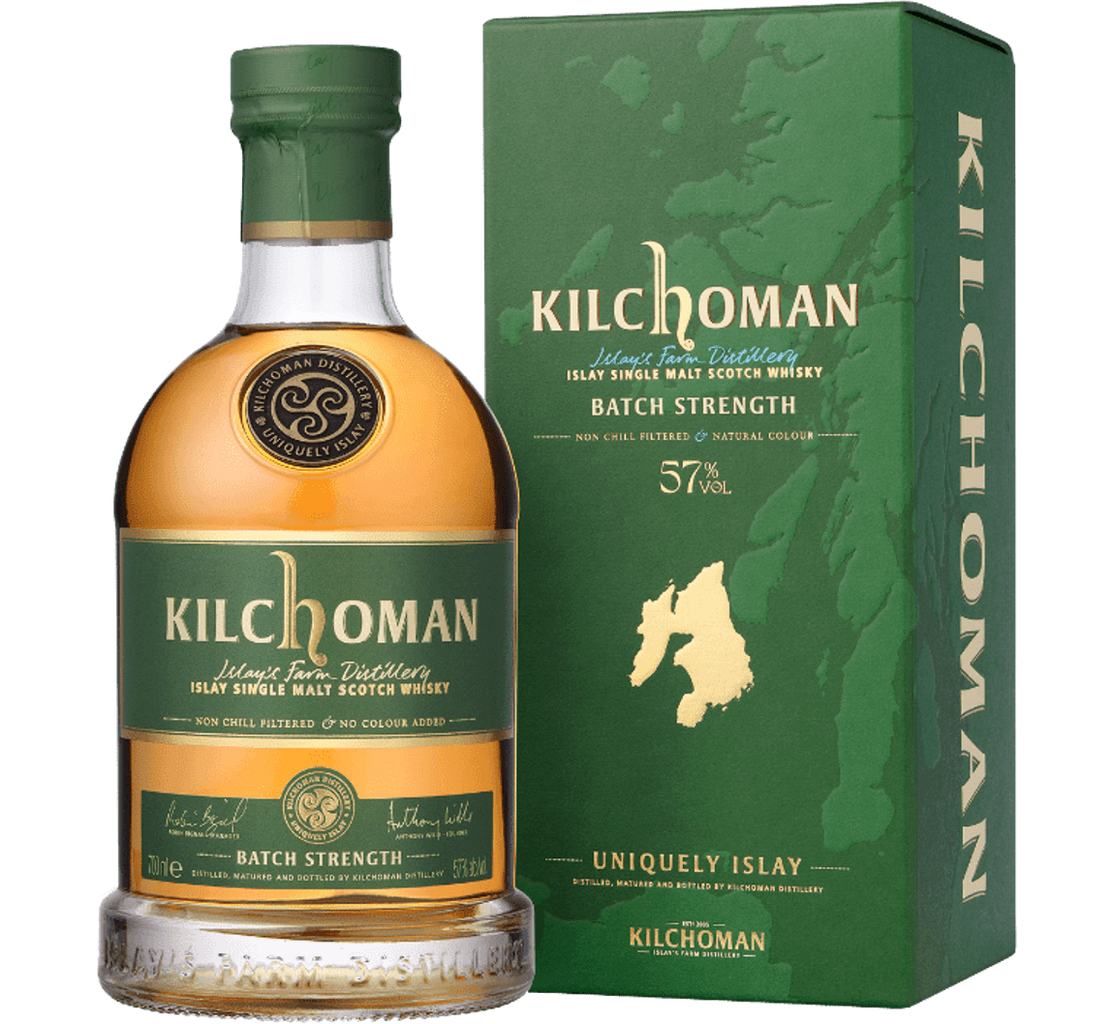 Kilchoman Scotch Single Malt Batch Strength 700ml bottle, showcasing robust Islay whisky with peaty notes, citrus undertones, and dark chocolate hints.