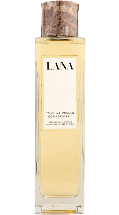 Lana Tequila Reposado 750ml, showcasing premium Mexican tequila with a reposado label, set against a backdrop of agave plants and rustic wooden barrels.