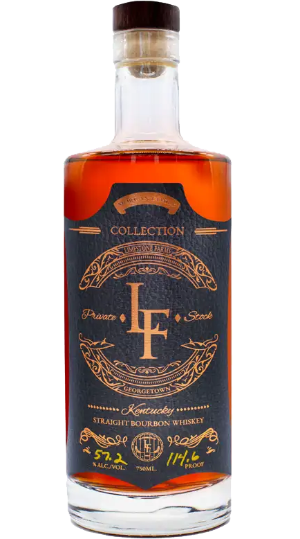 Limestone Farms Whiskey Kentucky Private Stock Straight Bourbon 115 Proof 750ml, featuring a premium design with a label showcasing the brand name and high proof, set against a rustic wooden background.