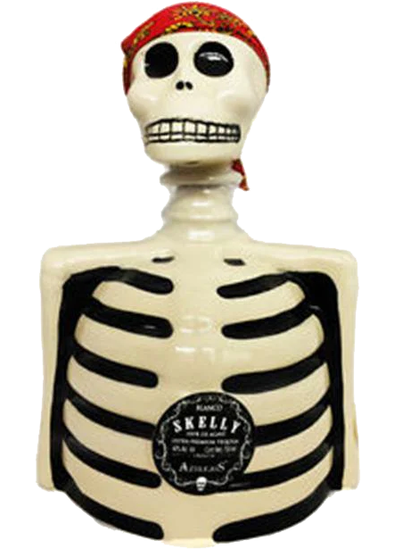 Los Azulejos Skelly Tequila Blanco Skeletto 750ml, featuring a unique hand-painted skeleton-shaped bottle, showcasing premium 100% blue agave tequila from Jalisco, Mexico.