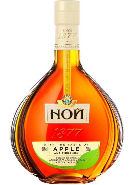 Sophisticated NOY Brandy bottle, 700ml, infused with Apple Cinnamon Flavor, highlighted by its deep amber hue visible through the elegant glass, labeled with the proud heritage of Armenia