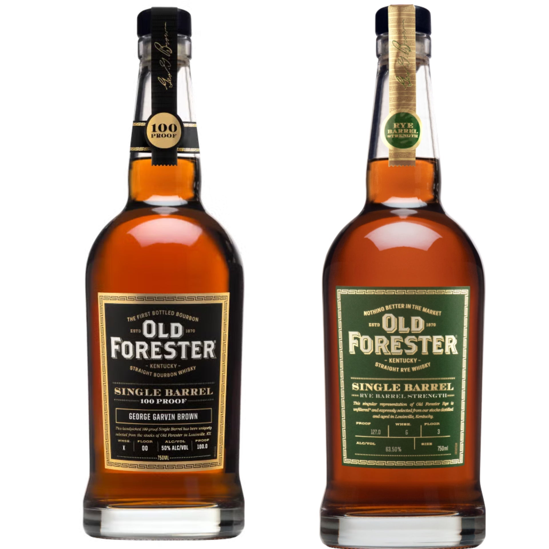 Old Forester Bourbon Single Barrel 100PF + Old Forester Whiskey Rye Single Barrel Strength 750ML