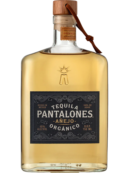 Pantalones Tequila Orgánico Añejo 750ml bottle with organic blue agave, aged tequila, caramel and vanilla flavors