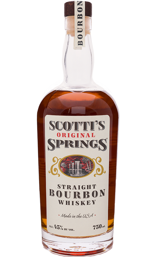 Bottle of Scottis Original Springs Bourbon Straight California 750ml, featuring a robust design and clear glass that showcases the rich amber color of the bourbon, labeled to highlight its premium Californian origin