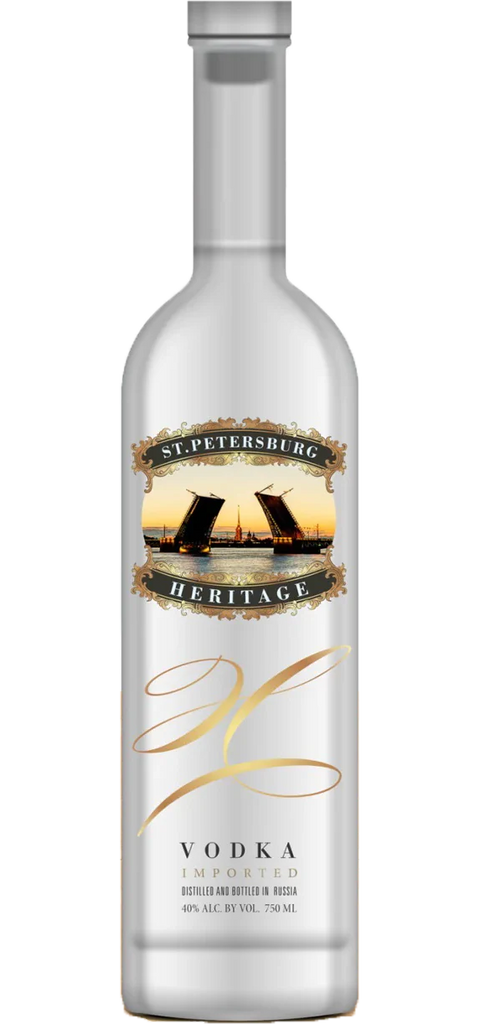 Premium 750ml bottle of St. Petersburg Heritage Ultra Premium Vodka, showcasing its crystal-clear appearance and elegant label detailing its Russian origins and luxury status, perfect for discerning vodka enthusiasts