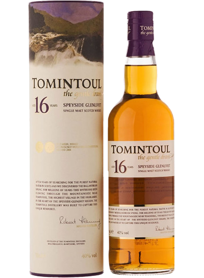 Tomintoul Scotch Single Malt 16 Year Old 750ml bottle, Speyside whisky with smooth vanilla and spice notes