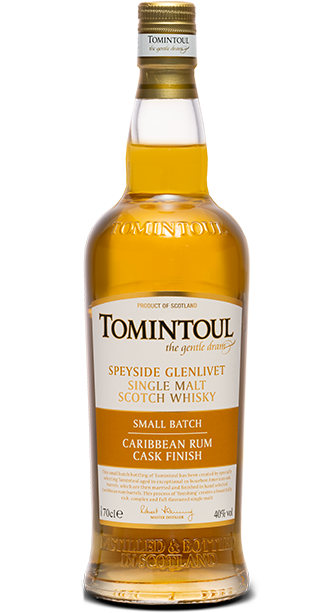 Bottle of Tomintoul Scotch Single Malt Small Batch Caribbean Rum Cask Finish 700ml, showcasing an elegant design, representing premium Speyside whisky with tropical rum cask notes.