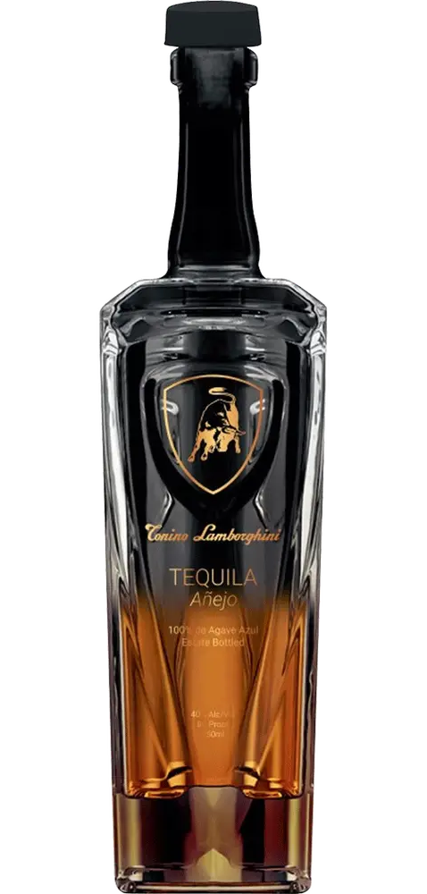 Elegant Tonino Lamborghini Tequila Añejo 750ml bottle, featuring a sleek, dark design with the Lamborghini logo, surrounded by a luxurious oak barrel background, highlighting its aged quality and premium blue agave contents.