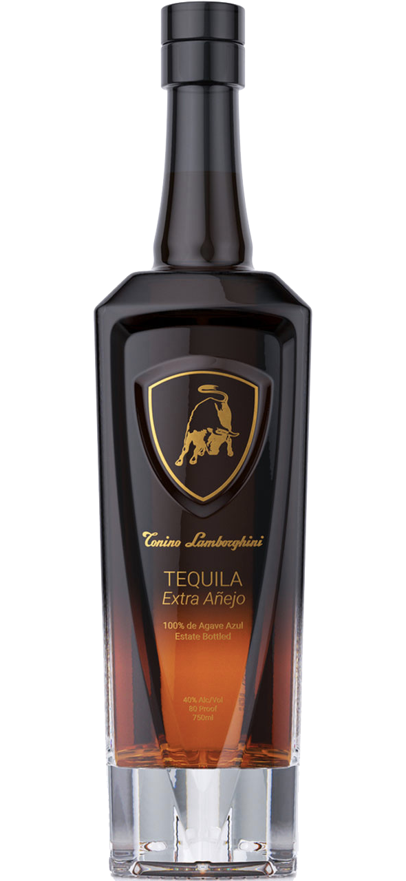 Tonino Lamborghini Tequila Extra Añejo 750ml in an elegant, dark bottle with gold and black labeling, displayed against a luxurious background, highlighting its ultra-premium, aged quality.